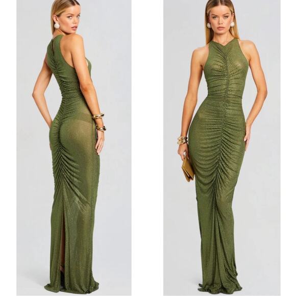 Retrofete Marsann Crystal Embellished Ruched Sheer Green Maxi Dress Size Large - Picture 1 of 11